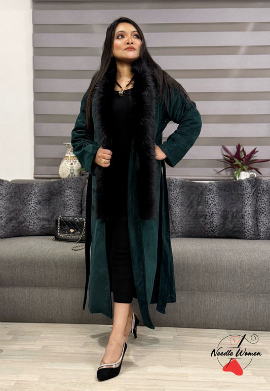 Bottle green courd Korean baggy style trench coat with black furr